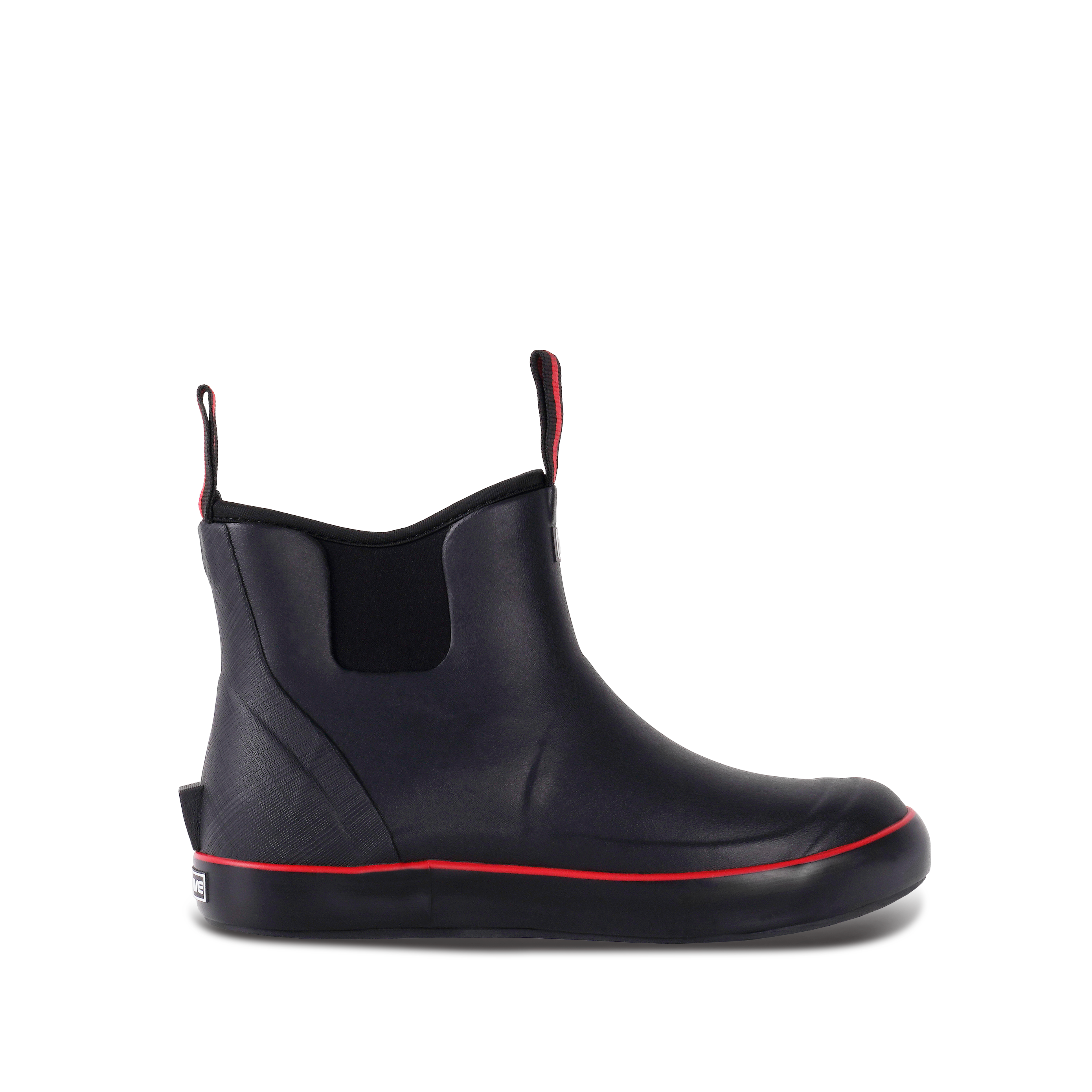 Side view of Trudave DeckFlow Series women’s ankle waterproof rubber deck boots in black color showing durable waterproof shell and non-slip sole for fishing and boating use